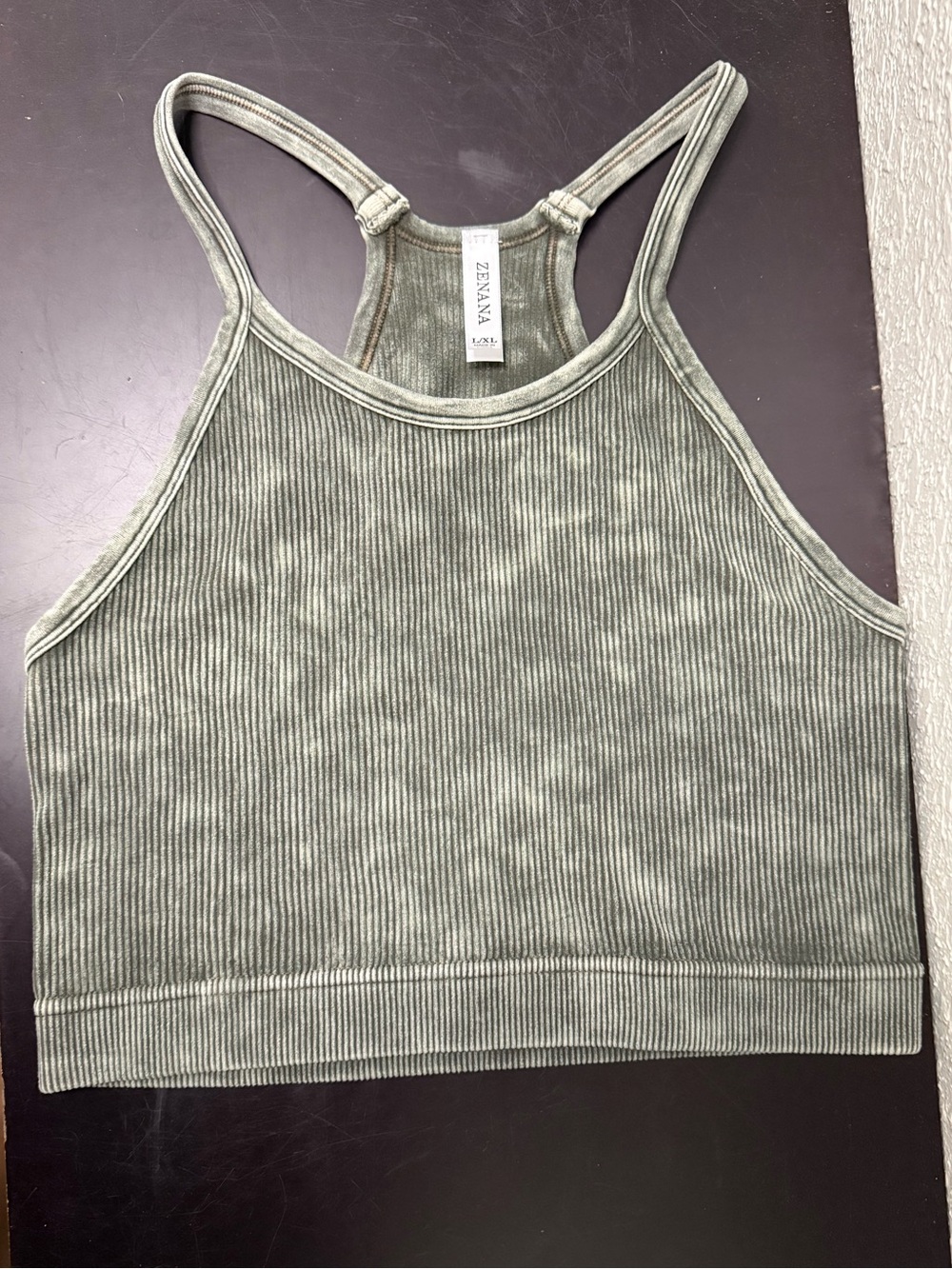 Zenana-Ribbed Racerback Crop Tank in Army Green